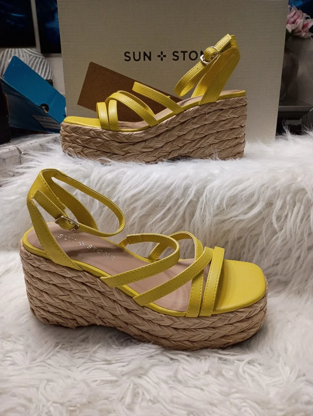 New Sun + Stone Citron Yellow Strappy Rafia Espadrille Platform Sandals 5.5M